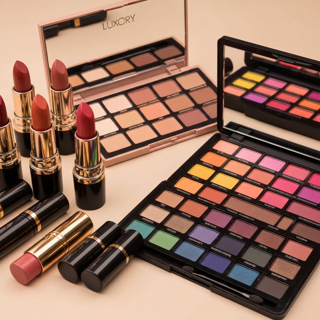 Makeup products including foundations, lipsticks, and eyeshadow